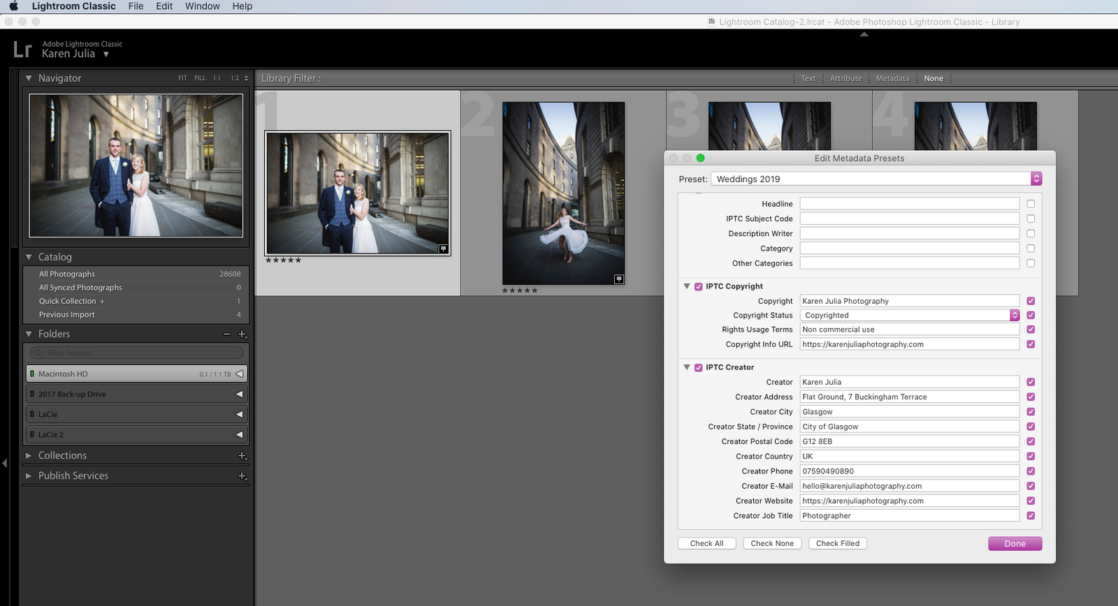 Screenshot showing Adobe Lightroom IPTC Image License Metadata boxes completed