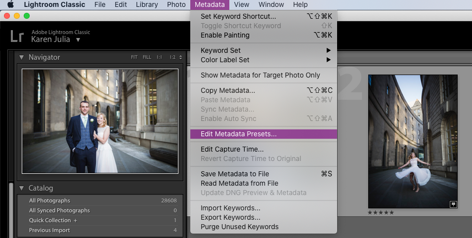 Screenshot of Adobe Lightroom showing metadata options within the Library module