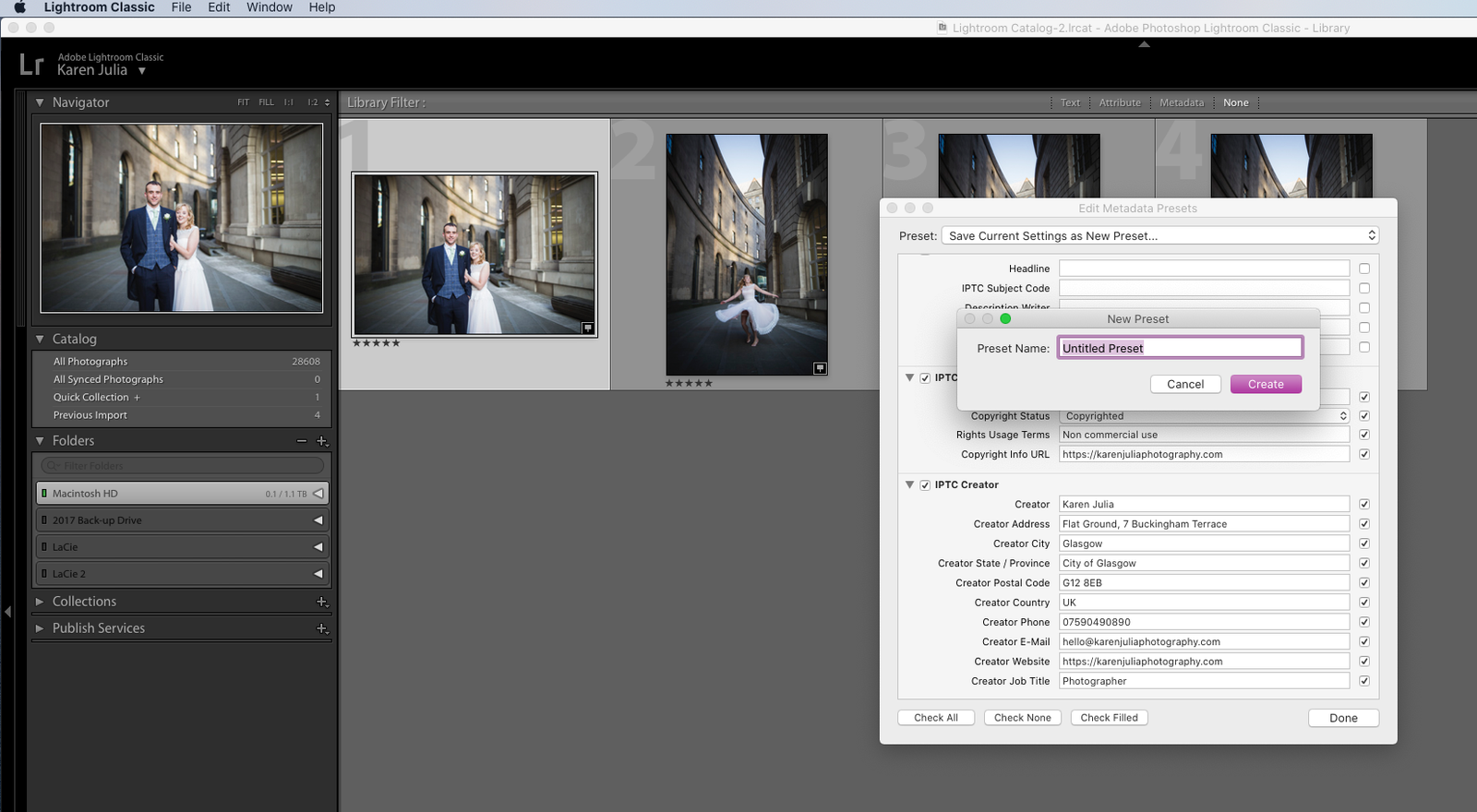 Screenshot showing how to save Image License Metadata preset in Lightoom