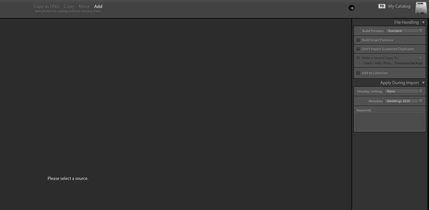 Screenshot of where to apply new metadata preset on import