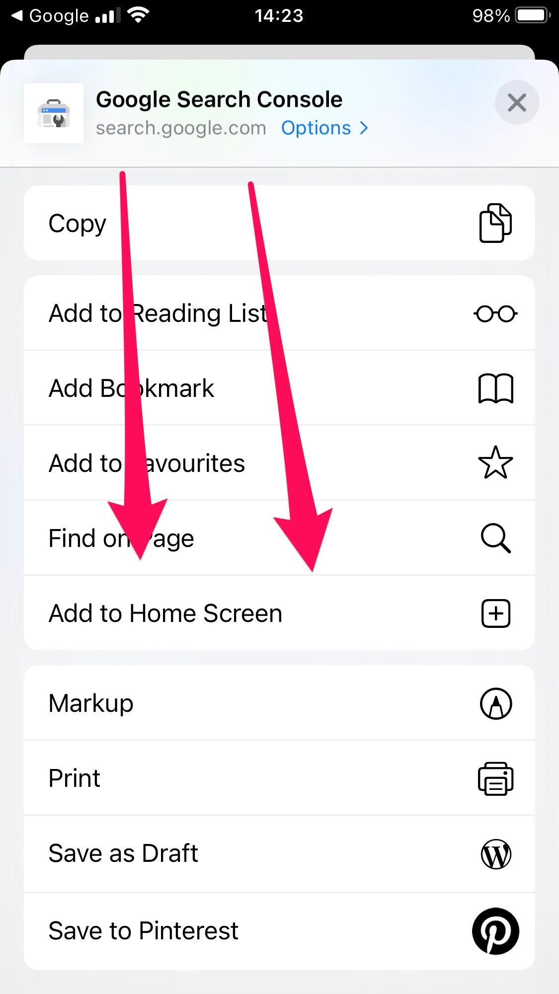 screenshot of Safari on iPhone showing how to save to the home screen