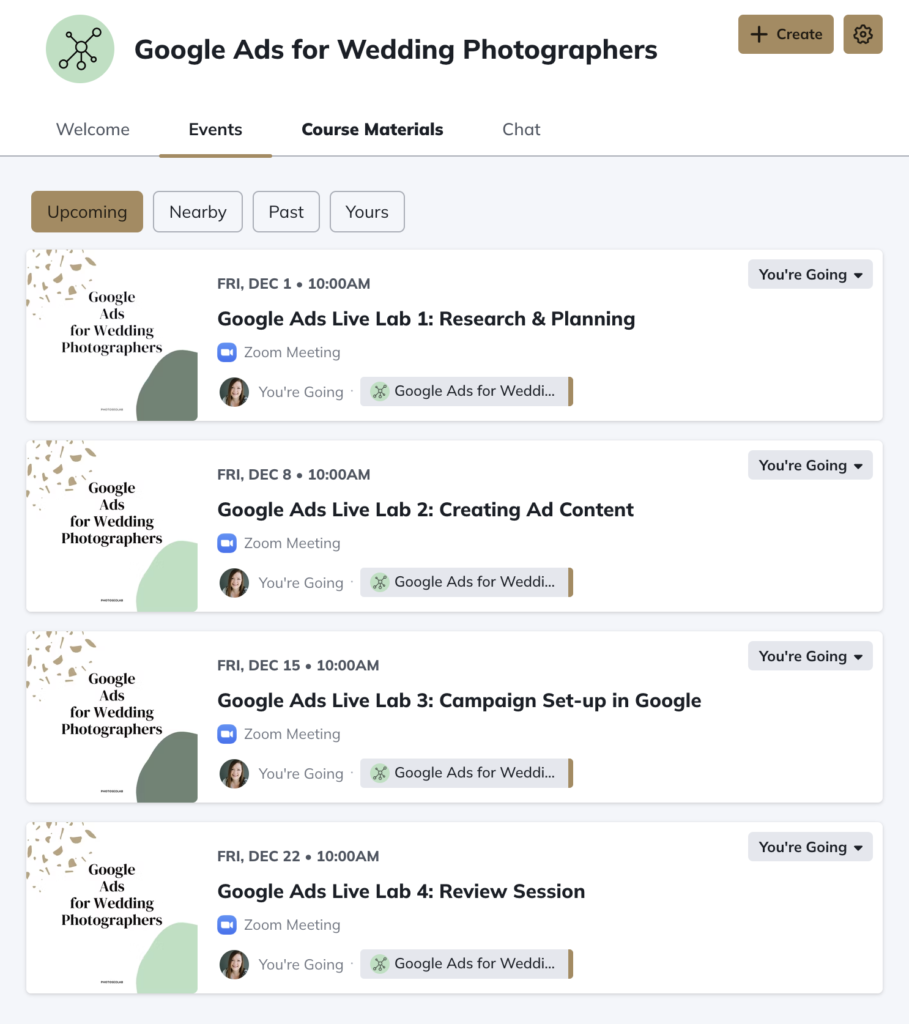 screenshot showing inside the Google Ads for Wedding Photographers community space